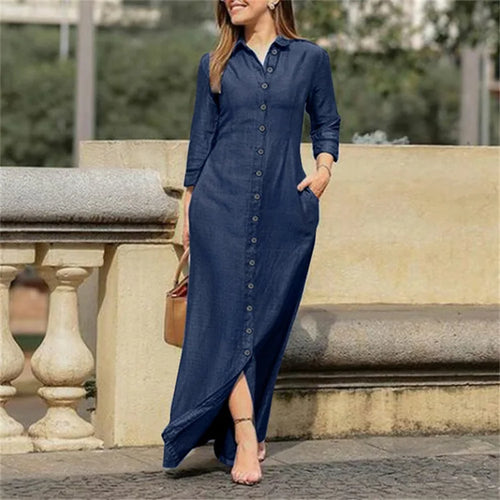 2023 Autumn Elegant Women'S Denim Dress Long Sleeve Buttons Shirt Long Dress Female Fashion New Elegant Casual Ladies Clothes