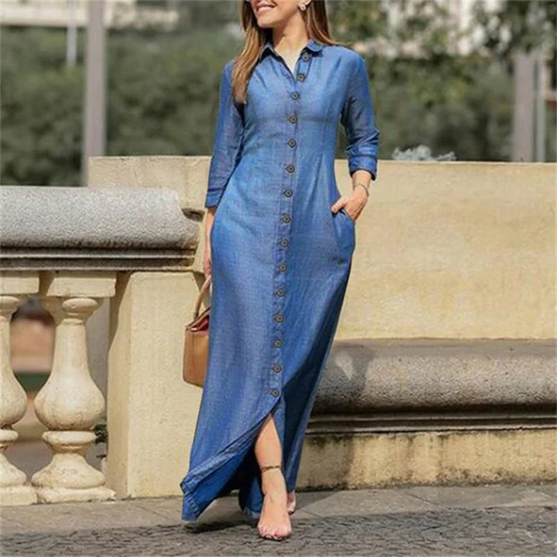 2023 Autumn Elegant Women'S Denim Dress Long Sleeve Buttons Shirt Long Dress Female Fashion New Elegant Casual Ladies Clothes