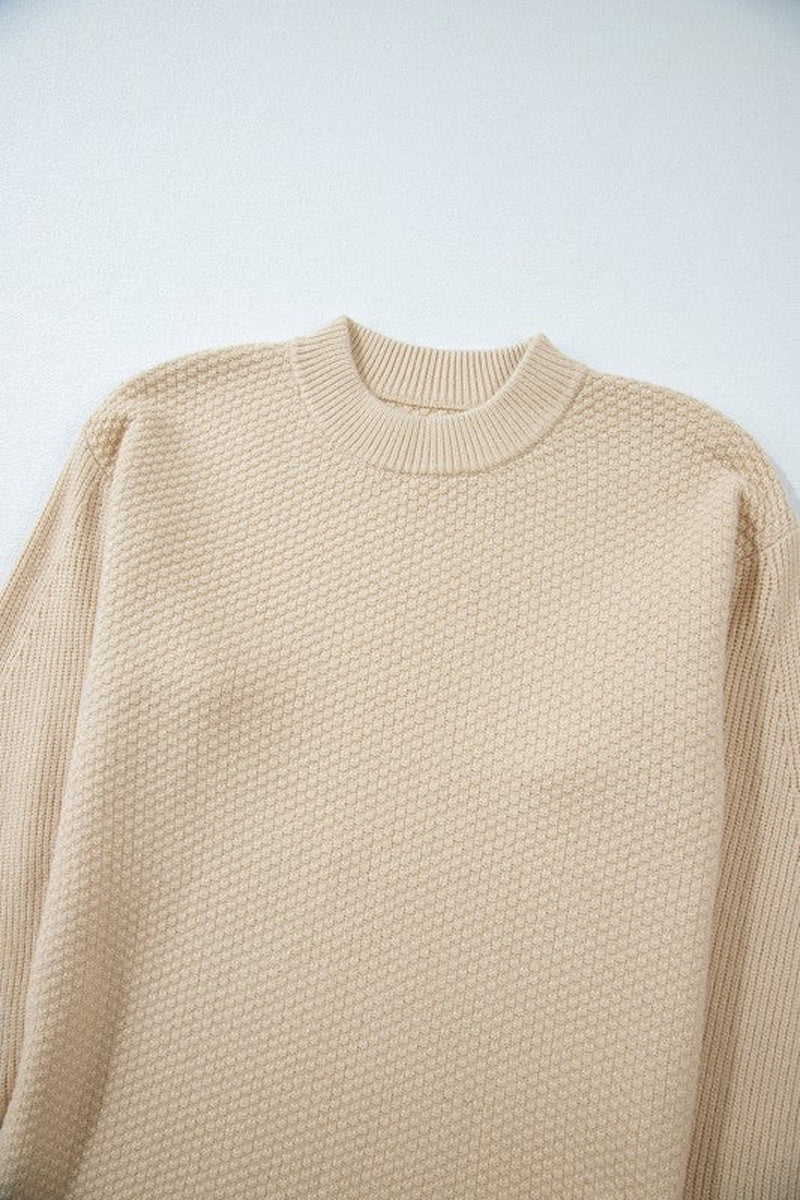 Solid Textured Knit Split Cuff Drop Shoulder Sweat