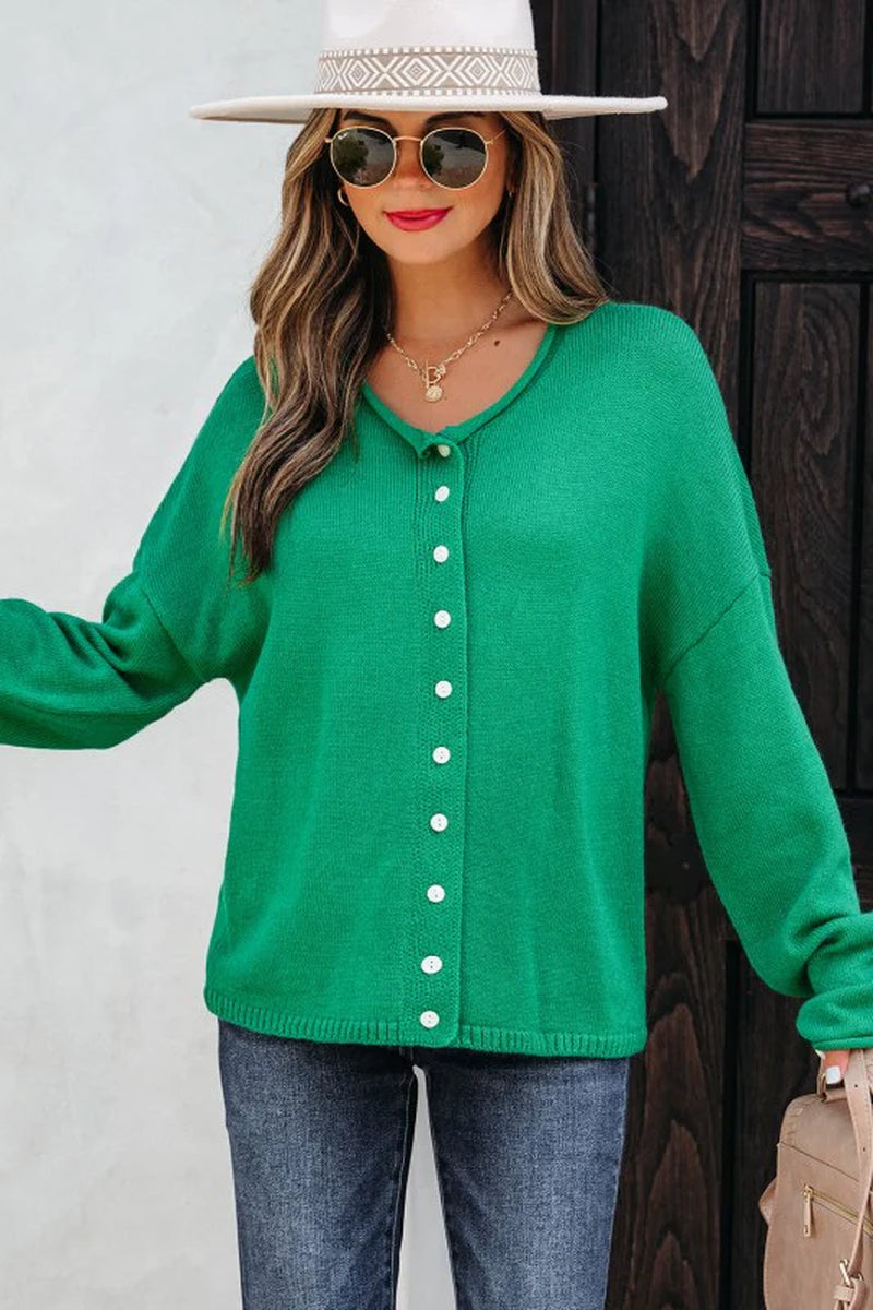 Solid Knit Button-Up Drop Shoulder Sweater Cardiga