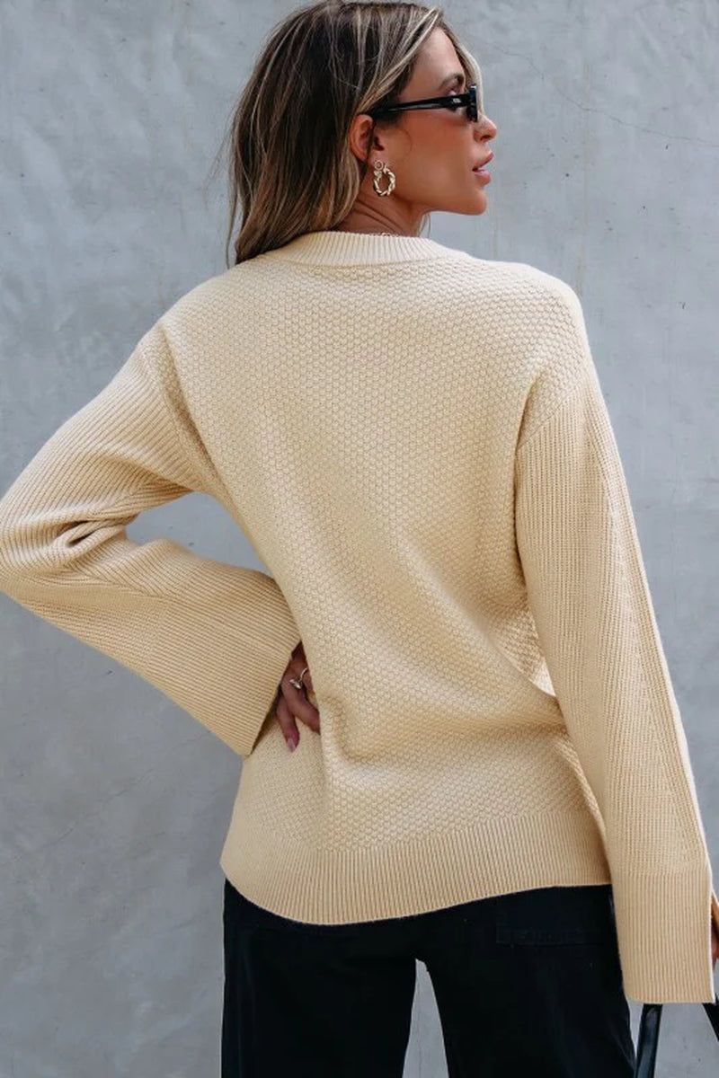 Solid Textured Knit Split Cuff Drop Shoulder Sweat