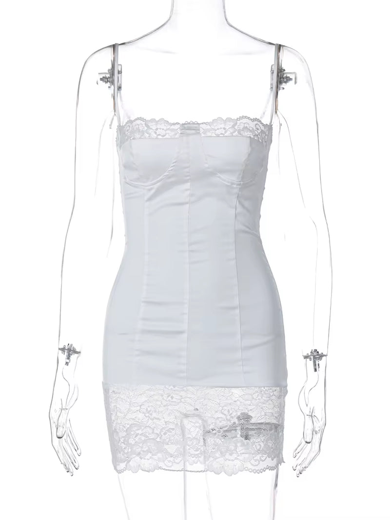 2024 Summer Elegant Solid Slips Backless Patchwork Lace Elegant Mini Dress Women Clothes Wedding Birthday Party Y2K