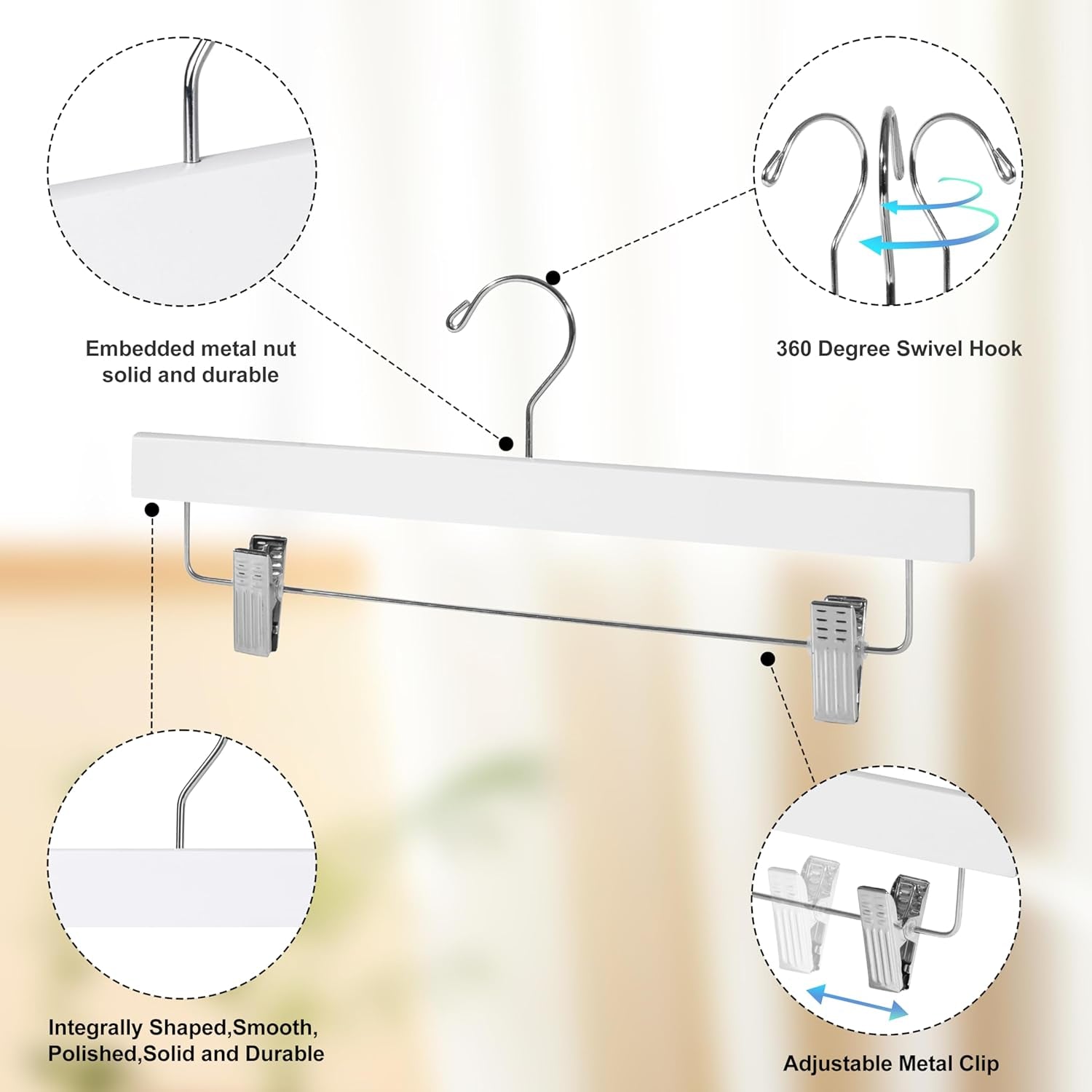 Wooden Pants Hangers - 20-Pack Swivel Hook Cloth Hanger Set - Lotus Wood Skirt, Pant, Shorts and Slack Hangers with Adjustable Clip – White Clothing Hanger (White, 20)