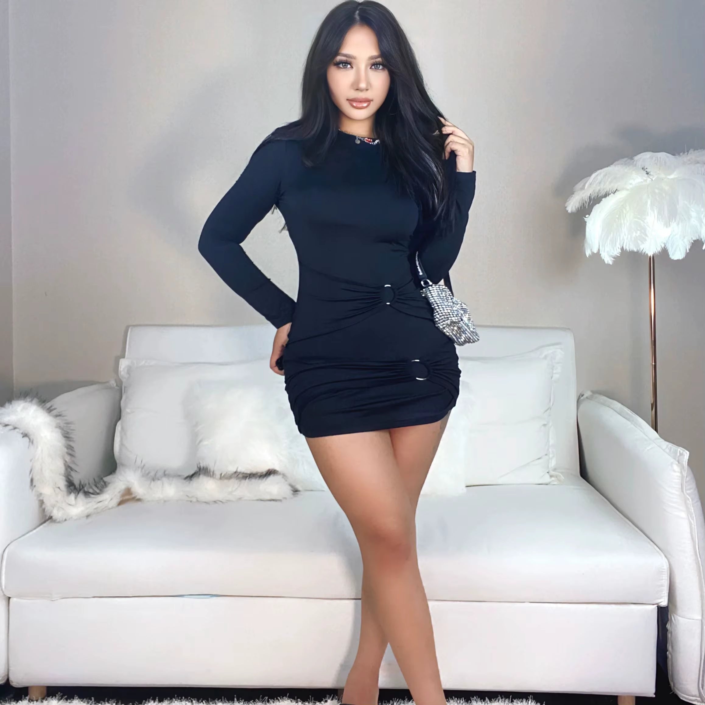 Women Long Sleeve Mini Dress Bodycon Sexy Party Elegant Streetwear Club Wear Clothes