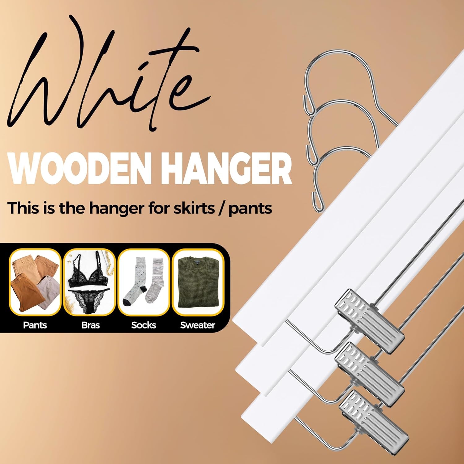 Wooden Pants Hangers - 20-Pack Swivel Hook Cloth Hanger Set - Lotus Wood Skirt, Pant, Shorts and Slack Hangers with Adjustable Clip – White Clothing Hanger (White, 20)