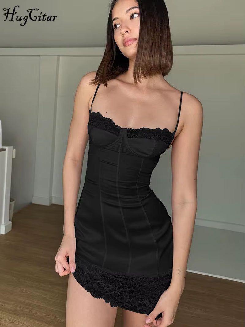 2024 Summer Elegant Solid Slips Backless Patchwork Lace Elegant Mini Dress Women Clothes Wedding Birthday Party Y2K