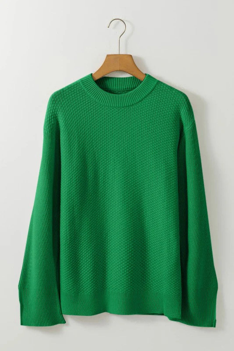 Solid Textured Knit Split Cuff Drop Shoulder Sweat
