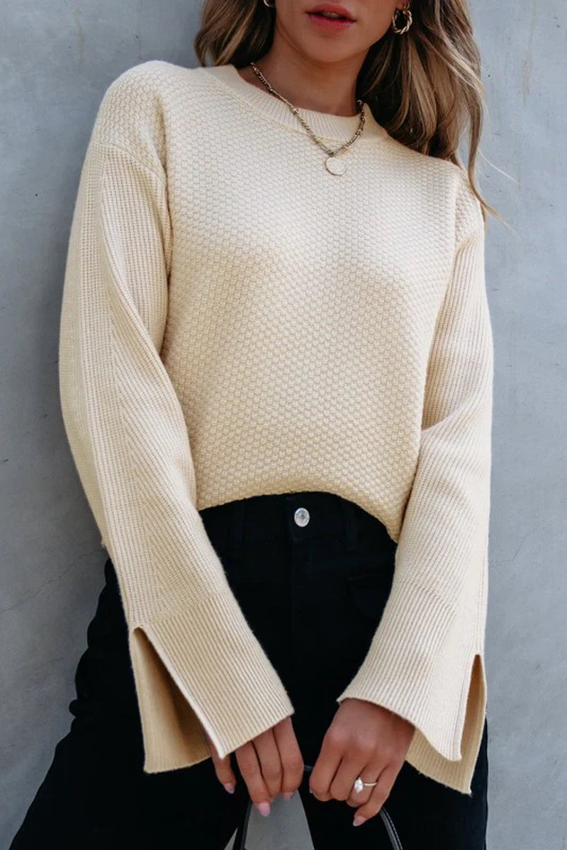 Solid Textured Knit Split Cuff Drop Shoulder Sweat
