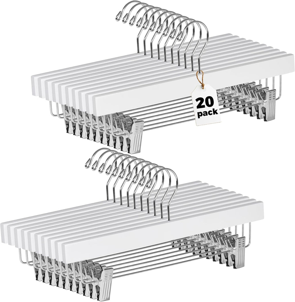 Wooden Pants Hangers - 20-Pack Swivel Hook Cloth Hanger Set - Lotus Wood Skirt, Pant, Shorts and Slack Hangers with Adjustable Clip – White Clothing Hanger (White, 20)