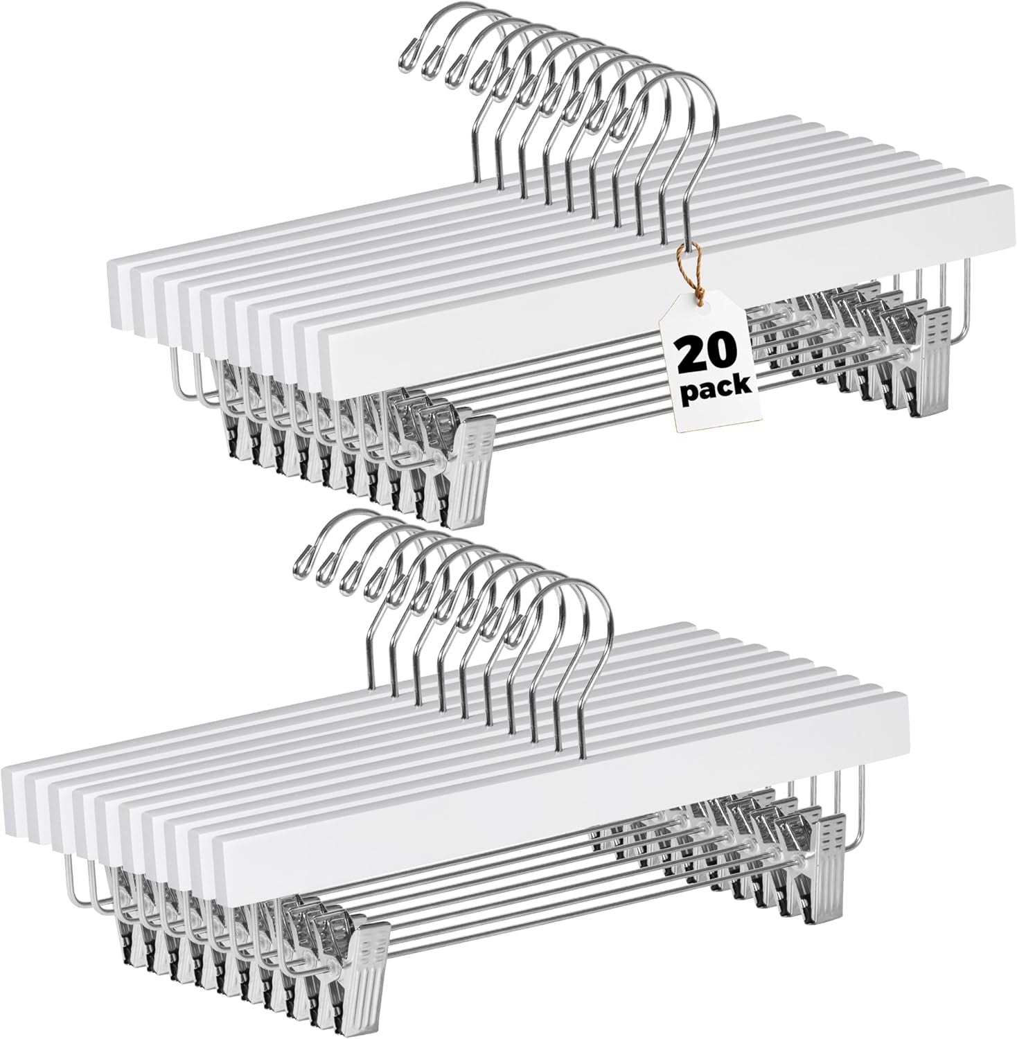 Wooden Pants Hangers - 20-Pack Swivel Hook Cloth Hanger Set - Lotus Wood Skirt, Pant, Shorts and Slack Hangers with Adjustable Clip – White Clothing Hanger (White, 20)