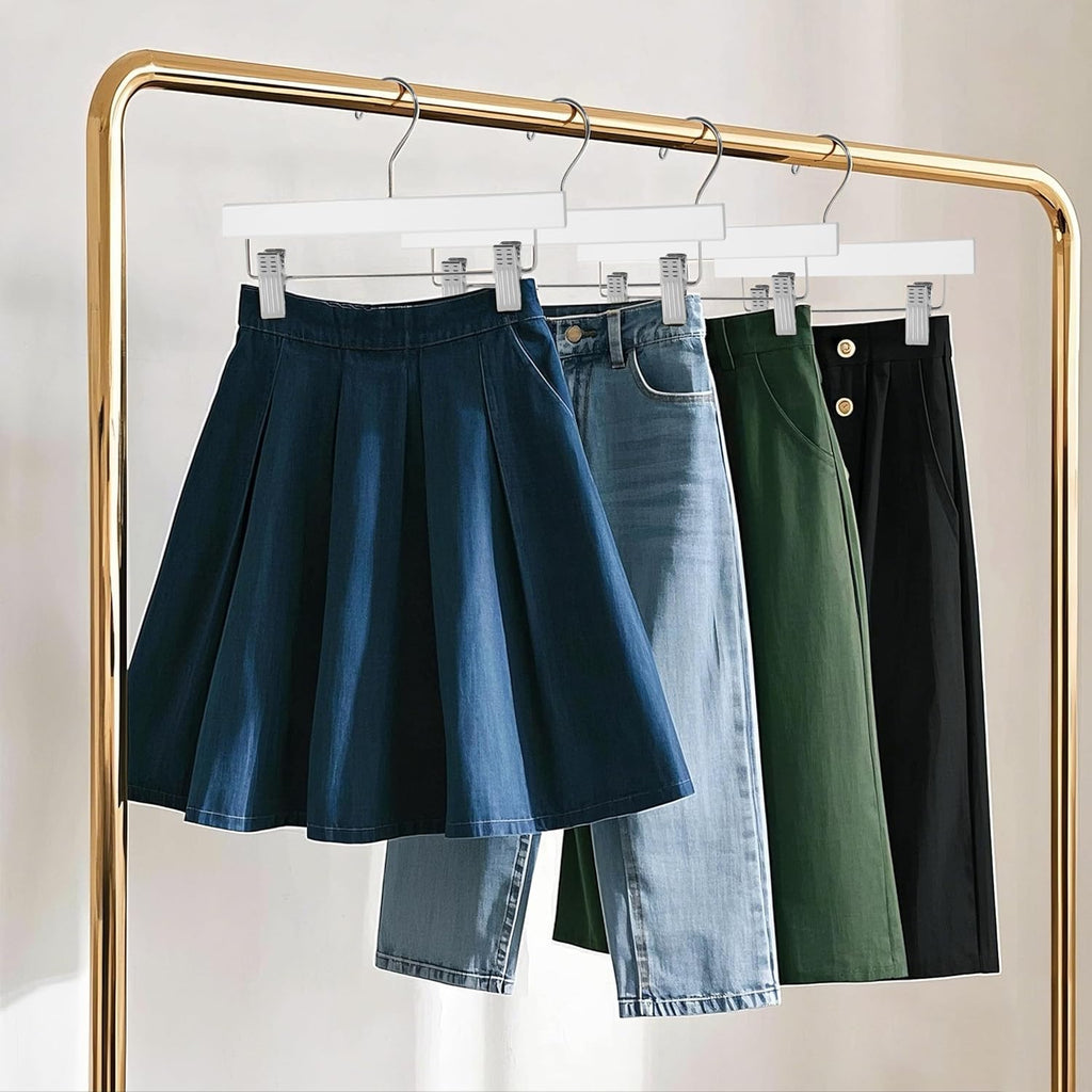 Wooden Pants Hangers - 20-Pack Swivel Hook Cloth Hanger Set - Lotus Wood Skirt, Pant, Shorts and Slack Hangers with Adjustable Clip – White Clothing Hanger (White, 20)