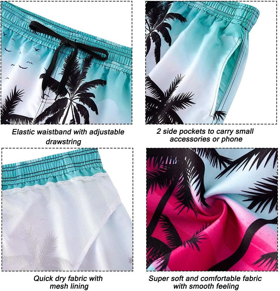 Summer Men'S Gym Sports Shorts Quick Dry Beach Swim Trunks Swimsuit Palm Tree Hawaiian Board Shorts with Mesh Lining