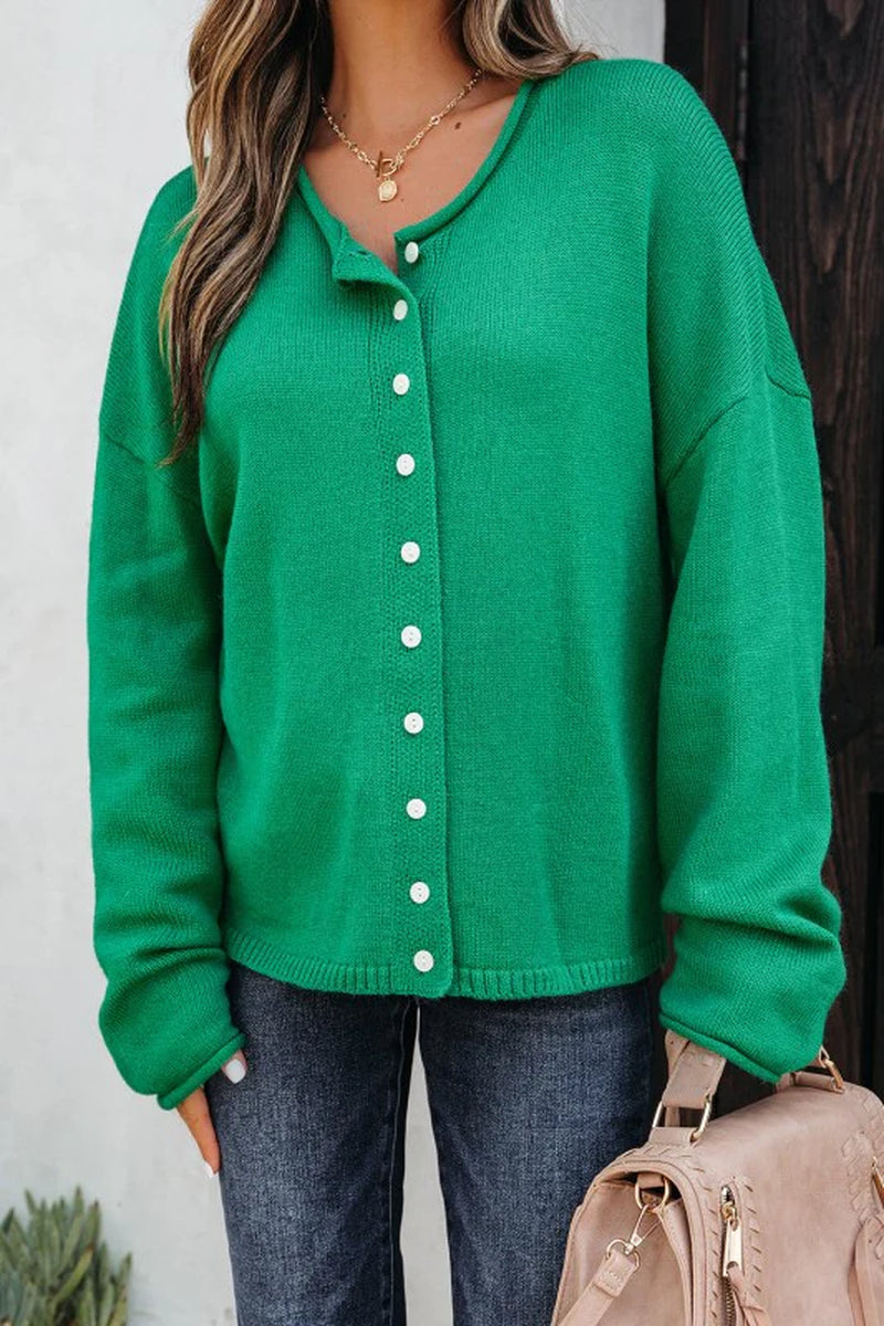Solid Knit Button-Up Drop Shoulder Sweater Cardiga