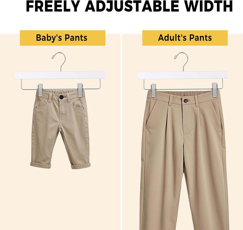 Wooden Pants Hangers - 20-Pack Swivel Hook Cloth Hanger Set - Lotus Wood Skirt, Pant, Shorts and Slack Hangers with Adjustable Clip – White Clothing Hanger (White, 20)